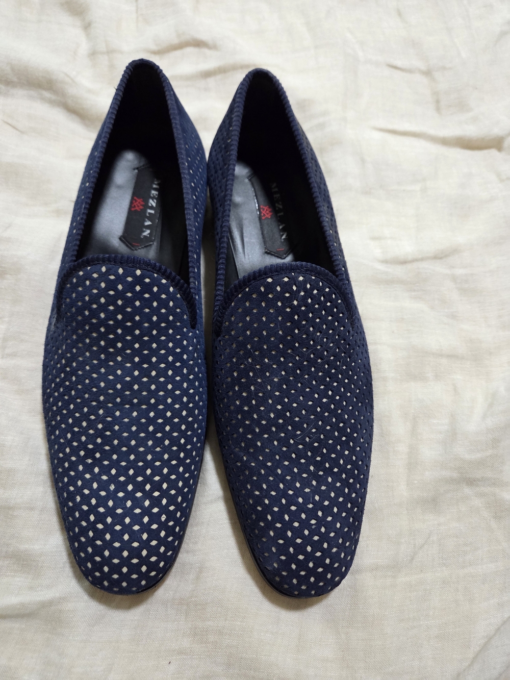 Mezlan Men's 11 M Navy Suede Perforated Smoking Slipper Loafers – Leather Sole